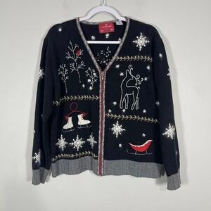 VTG Holiday Lodge Northcrest Christmas Cardigan Sweater‎ Wms XL Blk Rabbit Fur
